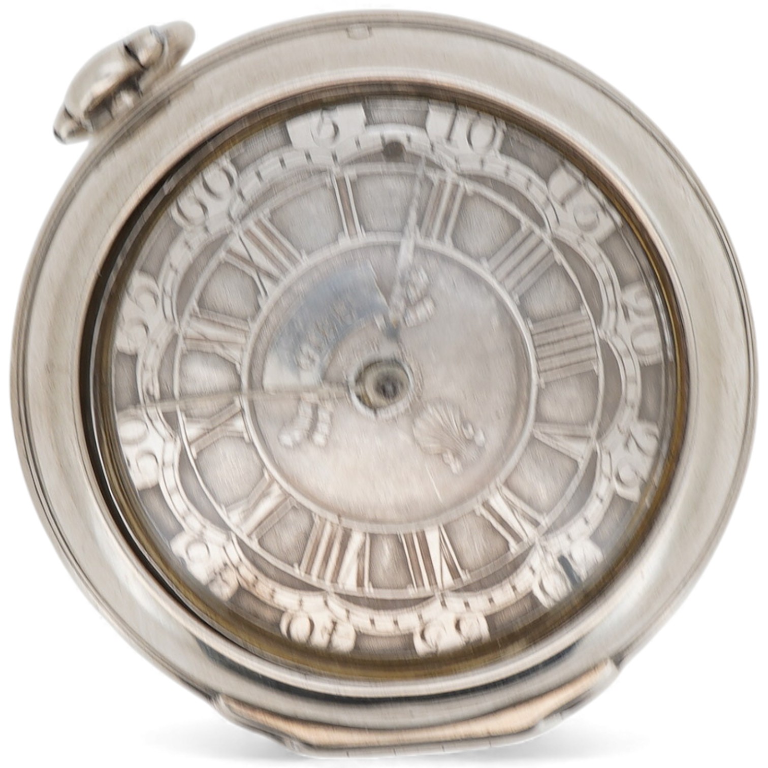 A George II silver pair cased keywind verge pocket watch by James Gibb of Stockton, (a.f.), with silvered Roman dial, inscribed Gibb and decorated with a shell, the signed movement unnumbered, inner case diameter 39mm an